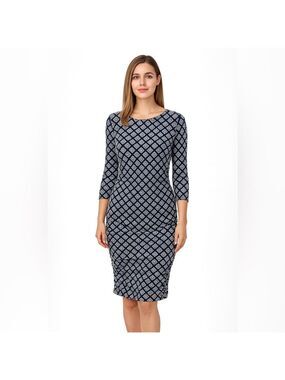 Hatley Womens Blue Geometric Dress Size Medium Elastic Waist 3/4 Sleeve Scoop